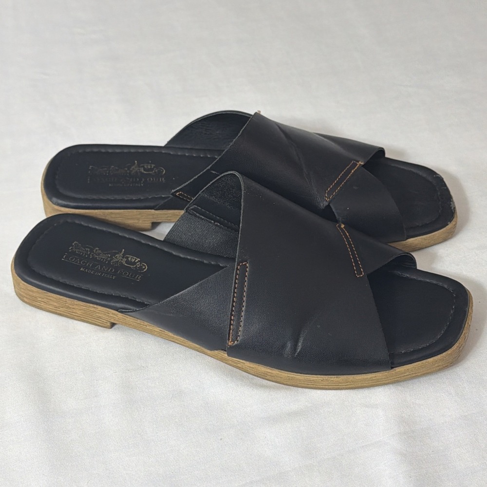 Coach And Four Black Leather Espadrille Slides Women's Sz 6 Made In Italy Cute